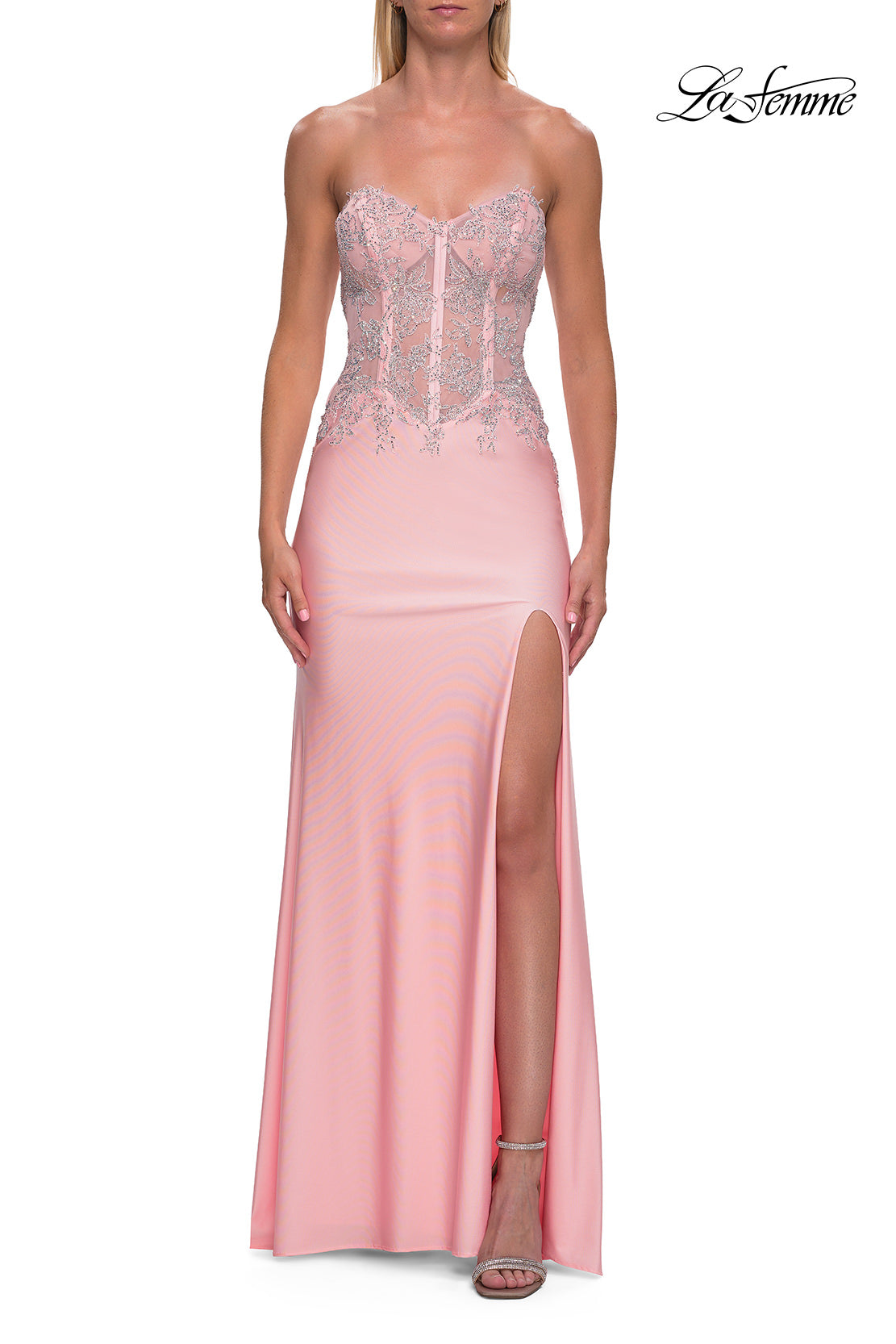 Picture of: Strapless Sheer Lace Corset Gown with High Slit in Baby Pink, Style: 33398, Detail Picture 11