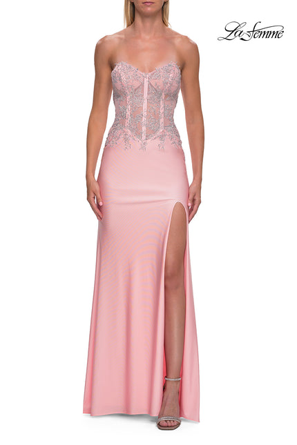 Picture of: Strapless Sheer Lace Corset Gown with High Slit in Baby Pink, Style: 33398, Detail Picture 11