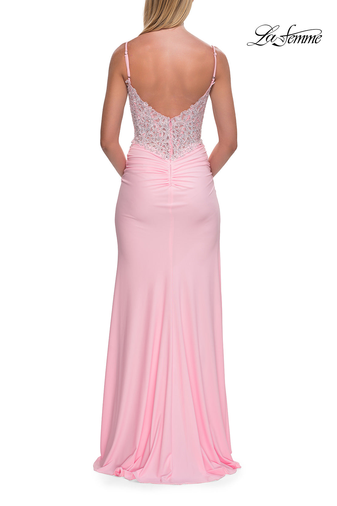 Picture of: Rhinestone Lace Bodice Jersey Gown with Slit and Low Back in Baby Pink, Style: 33439, Detail Picture 11