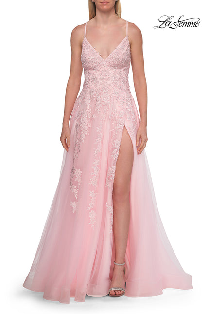 Picture of: Beaded A-Line Tulle Gown with Slit and Open Tie Back in Baby Pink, Style: 33715, Detail Picture 14