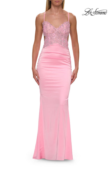 Picture of: Satin and Lace Prom Dress with Side Cutouts and Open Back in Baby Pink, Style: 33651, Detail Picture 15