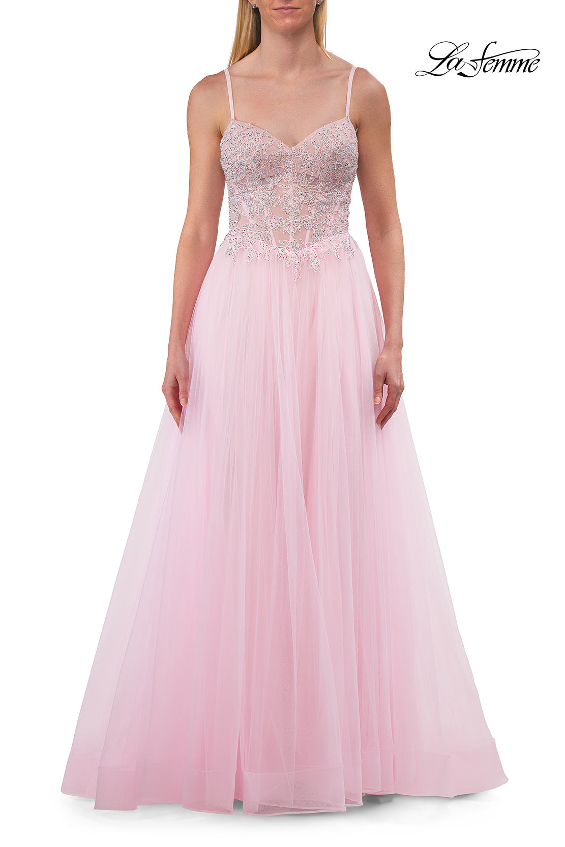 Picture of: Lace Corset Tulle Gown with High Slit and A-Line Skirt in Baby Pink, Style: 33436, Detail Picture 19