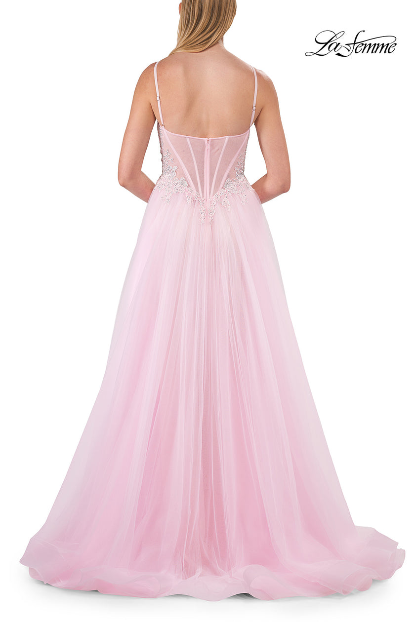 Picture of: Lace Corset Tulle Gown with High Slit and A-Line Skirt in Baby Pink, Style: 33436, Detail Picture 20
