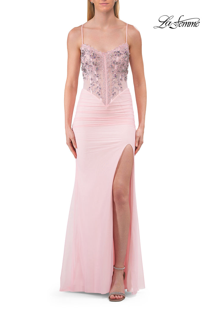 Picture of: Embroidered Corset Gown with Sheer Bodice and High Slit in Baby Pink, Style: 33783, Detail Picture 23