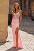Picture of: Lace Bodice Fitted Gown with Slit and Open Back in Baby Pink, Style: 33395, Detail Picture 3