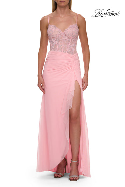 Picture of: Lace Bodice Gown with Ruched Skirt and High Slit in Baby Pink, Style: 33661, Detail Picture 6