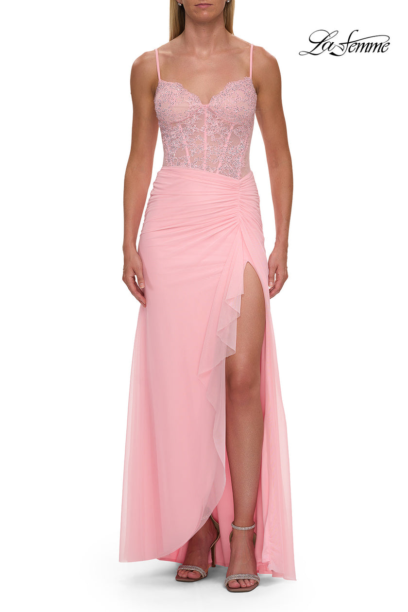 Picture of: Lace Bodice Gown with Ruched Skirt and High Slit in Baby Pink, Style: 33661, Detail Picture 6