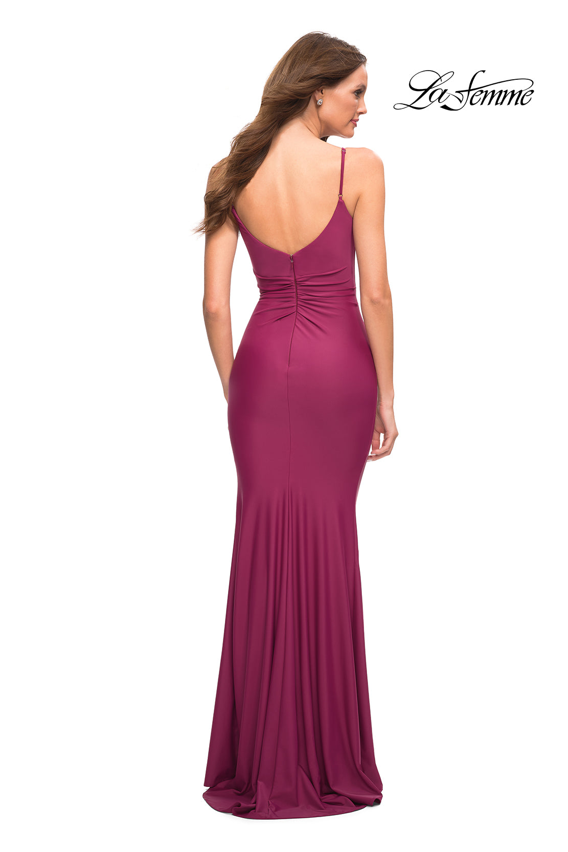 Picture of: Luxe Simple Jersey Gown with Draped Neckline in Berry, Detail Picture 3