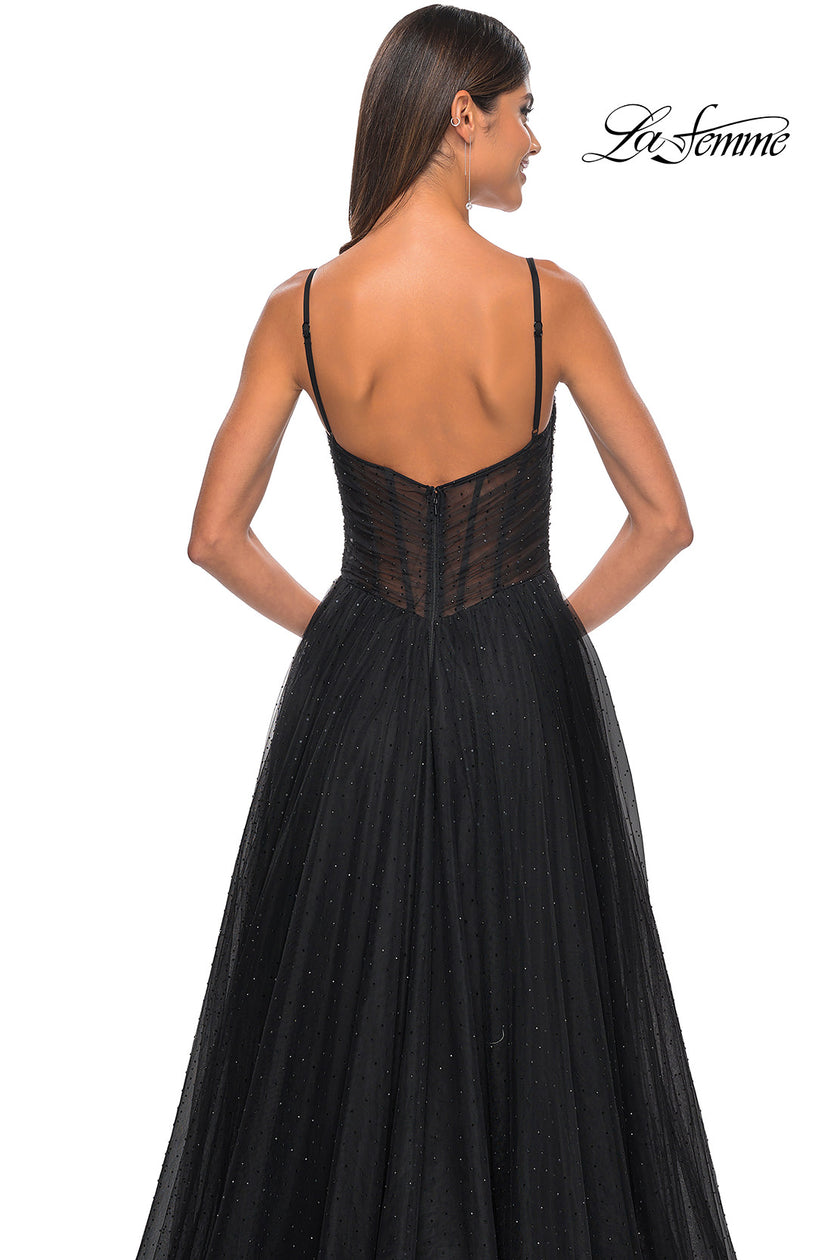 Picture of: A-Line Rhinestone Tulle Embellished Gown with Illusion Top in Black, Style: 31970, Detail Picture 13