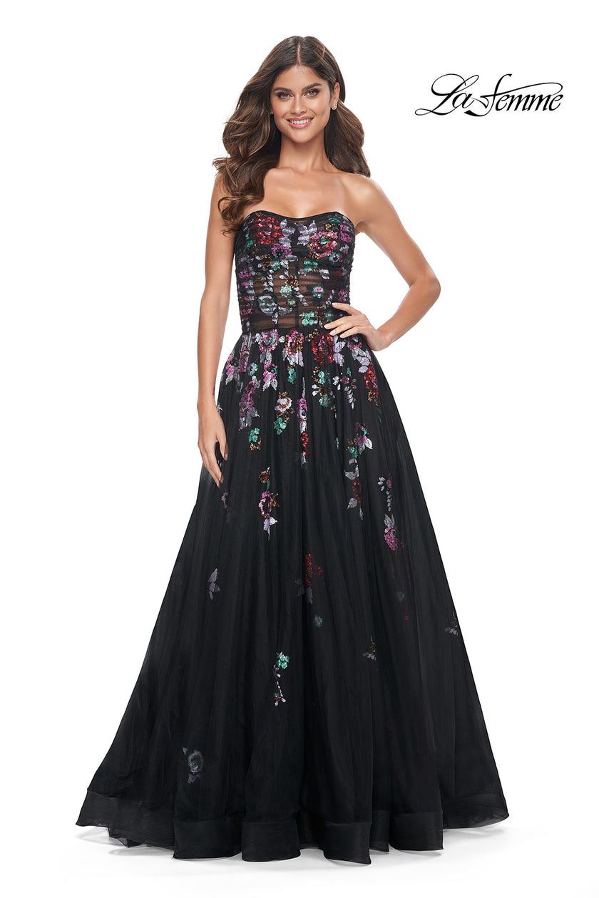 Picture of: A-Line Prom Gown with Multi Color Lace Sequin Applique in Black, Style: 32072, Detail Picture 9