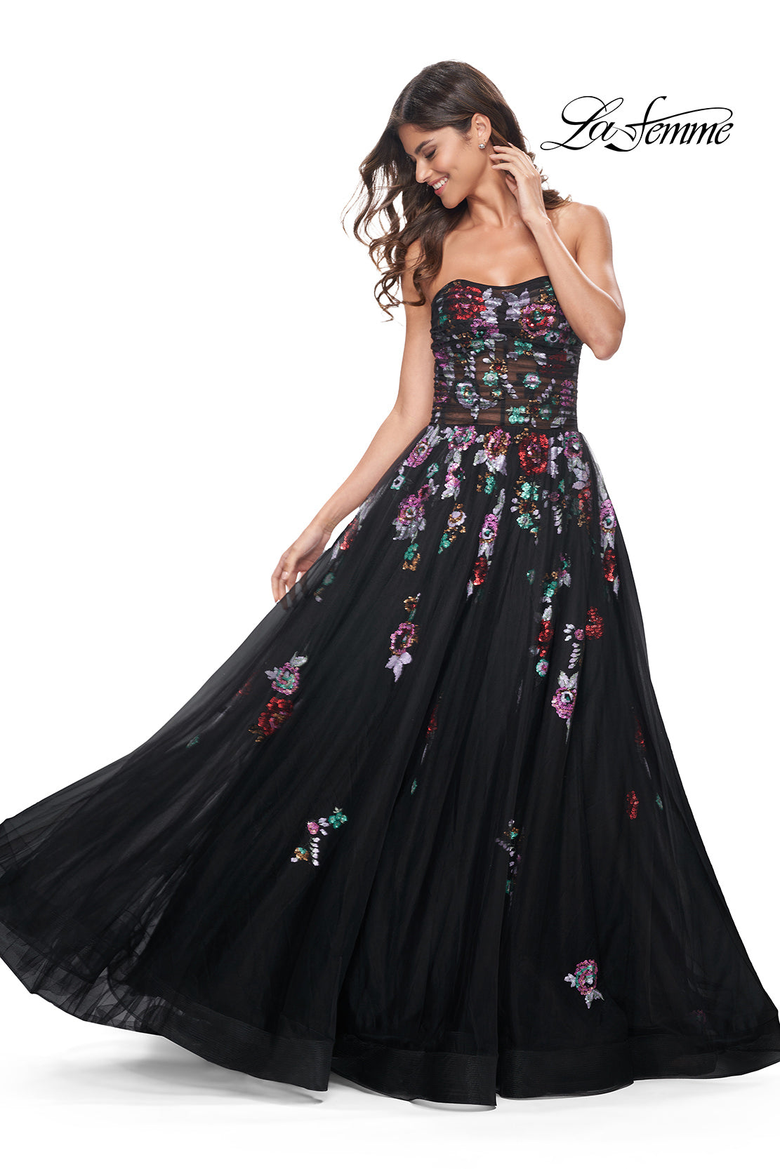 Picture of: A-Line Prom Gown with Multi Color Lace Sequin Applique in Black, Style: 32072, Detail Picture 4