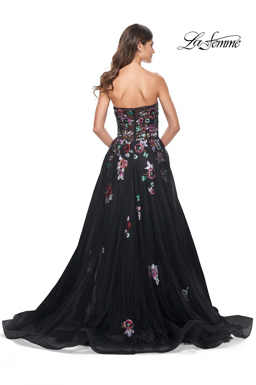 Picture of: A-Line Prom Gown with Multi Color Lace Sequin Applique in Black, Style: 32072, Detail Picture 5