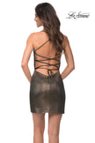Picture of: Metallic Short Dress with Ruching and Ruffle Skirt in Black Gold, Back Picture