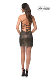 Picture of: Metallic Short Dress with Ruching and Ruffle Skirt in Black Gold, Detail Picture 4