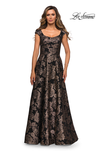Picture of: Cap Sleeve Floral A-line Evening Gown with Pockets in Black Gold, Style: 27999, Main Picture