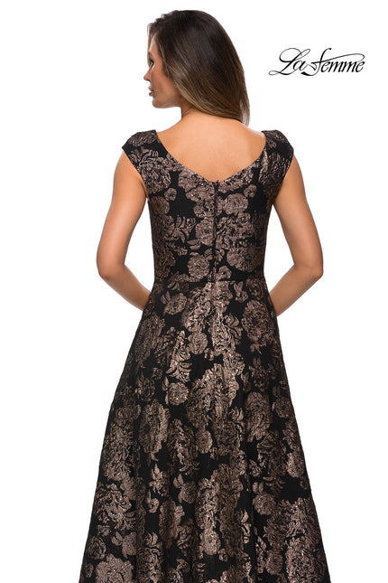 Picture of: Cap Sleeve Floral A-line Evening Gown with Pockets in Black Gold, Style: 27999, Back Picture