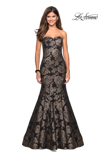 Picture of: Mermaid Style Rose Printed Strapless Prom Dress in Black Gold, Style: 27286, Main Picture