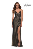 Picture of: Criss Cross Ruched Metallic Prom Dress with Slit Black Gold, Style 29836, Detail Picture 3