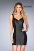 Picture of: Short Leather Homecoming Dress with Jersey Panels in Black, Style: 25050, Main Picture