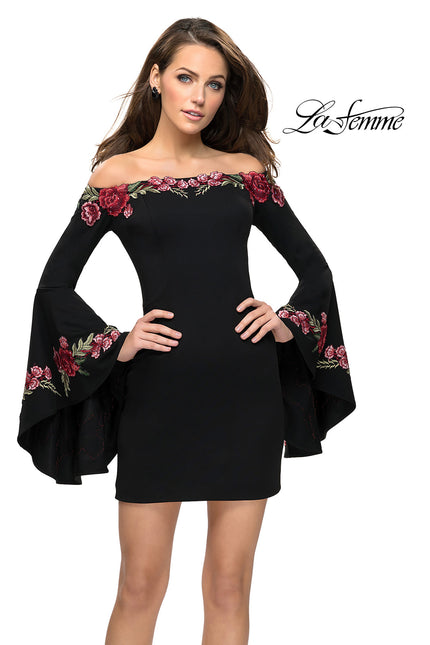 Picture of: Off the Shoulder Mini Dress with Dramatic Bell Sleeves in Black, Style: 26674, Main Picture