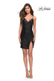 Picture of: Ruched Sequin Mini Dress with Lace Up Back in Black, Style 30946, Detail Picture 9