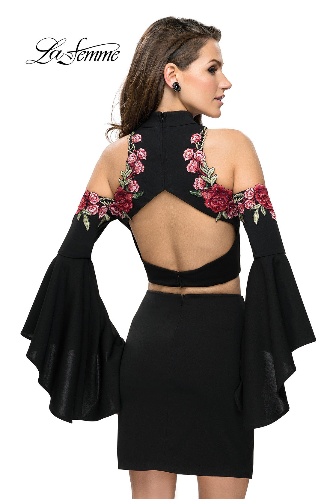 Picture of: Floral Two Piece Jersey Mini Bell Sleeve Dress in Black, Style: 26606, Back Picture