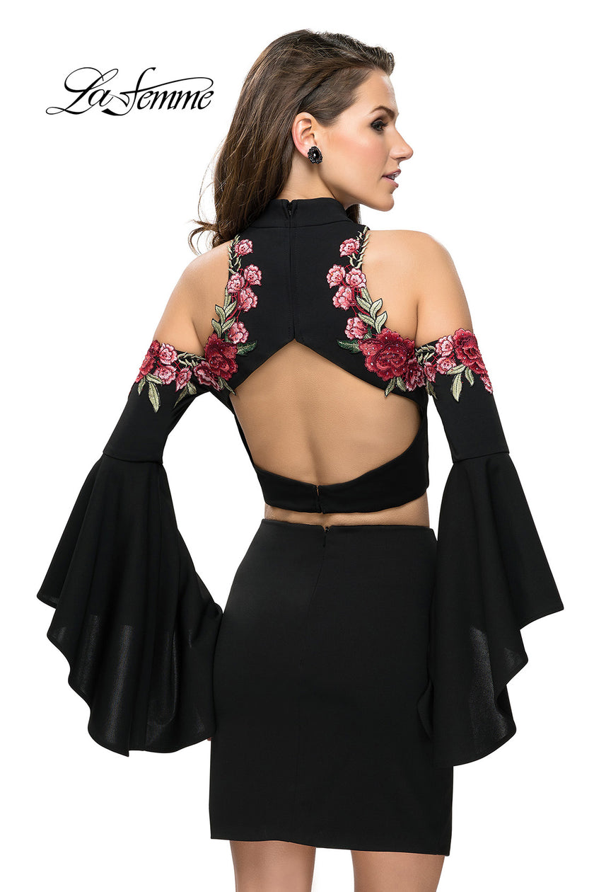 Picture of: Floral Two Piece Jersey Mini Bell Sleeve Dress in Black, Style: 26606, Back Picture
