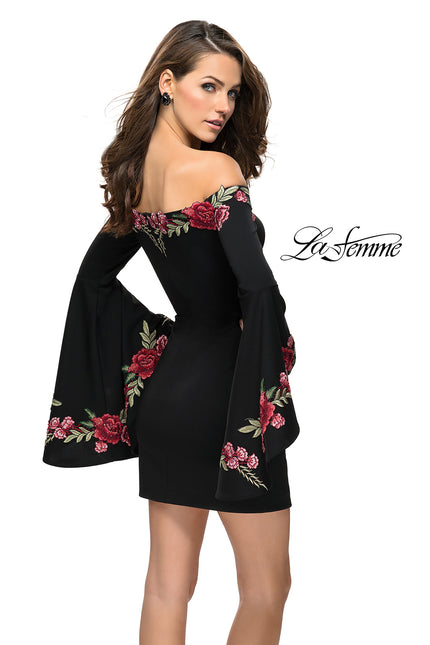 Picture of: Off the Shoulder Mini Dress with Dramatic Bell Sleeves in Black, Style: 26674, Back Picture