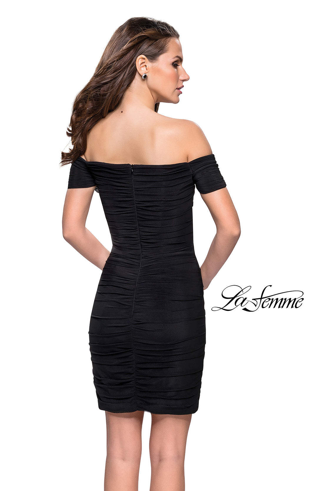 Picture of: Off the Shoulder Little Black Dress with Ruching in Black, Style: 26742, Back Picture
