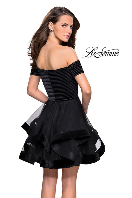 Picture of: Tulle Short Off the Shoulder Dress with Velvet Trim in Black, Style: 26751, Back Picture