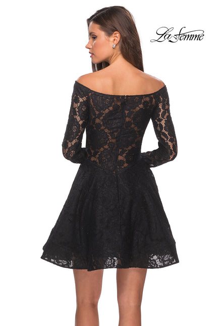 Picture of: Short Lace Dress with Off The Shoulder Long Sleeves in Black, Style: 28175, Back Picture