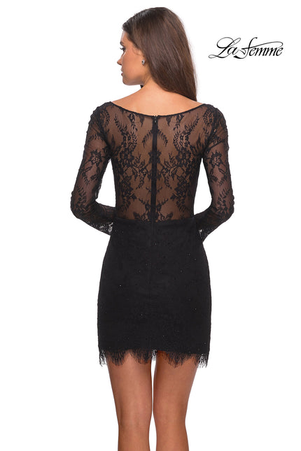 Picture of: Lace Dress with Sheer Sleeves and Scalloped Hem in Black, Style: 28233, Back Picture