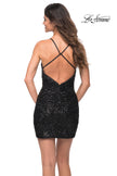 Picture of: V Neck Sequin Short Dress with Criss Cross Straps in Black, Back Picture