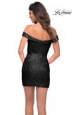 Picture of: Off the Shoulder Stretch Sequin Dress with Ruching in Black, Back Picture