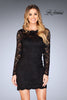 Picture of: Long Sleeve Short Lace Dress with Open Strappy Back in Black, Style: 25134, Detail Picture 1