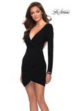 Picture of: Long Sleeve Jersey Homecoming Dress with Open Back in Black, Style: 29487, Detail Picture 1