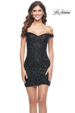 Picture of: Off the Shoulder Sequin Mini with Fringe Beaded Detail in Black, Style: 31727, Detail Picture 1