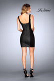Picture of: Short Leather Homecoming Dress with Jersey Panels in Black, Style: 25050, Detail Picture 2