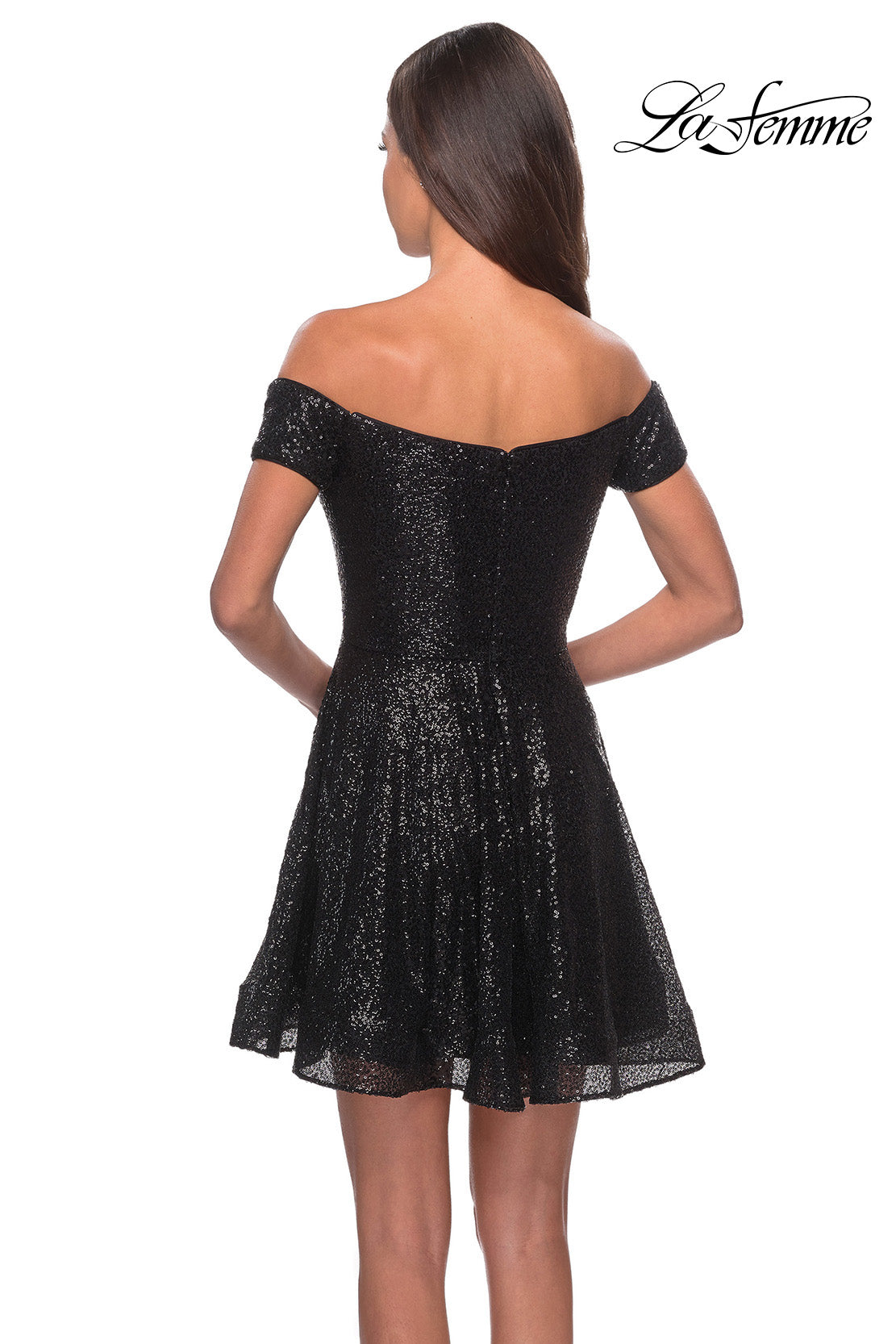 Picture of: Sequin Off The Shoulder Short Homecoming Dress in Black, Style: 28155, Detail Picture 2