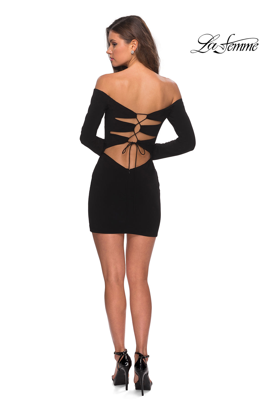 Picture of: Off The Shoulder Long Sleeve Dress with Lace Up Back in Black, Style: 28212, Detail Picture 3