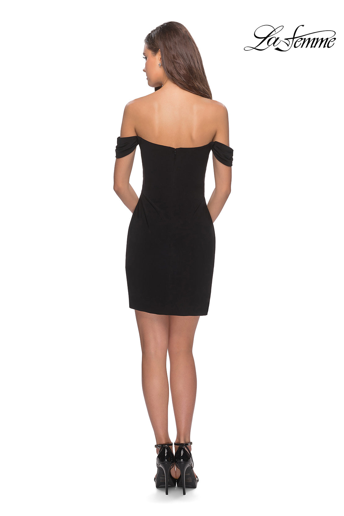 Picture of: Short Dress with Scalloped Off The Shoulder Sleeves in Black, Style: 28193, Detail Picture 4