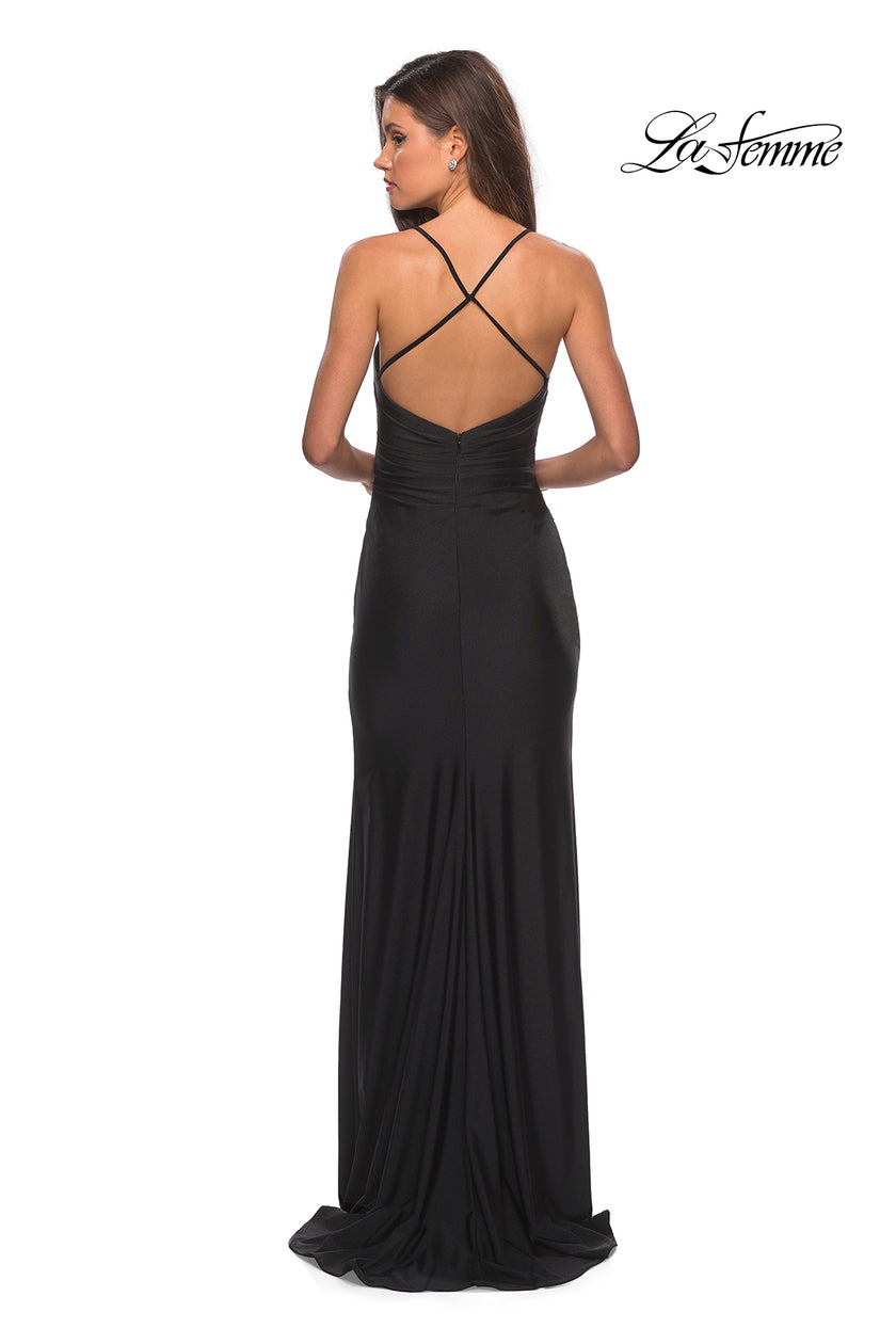 Picture of: Long Homecoming Dress with Slit and Criss Cross Back in Black, Style: 28206, Detail Picture 6