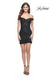 Picture of: Off the Shoulder Sequin Mini with Fringe Beaded Detail in Black, Style: 31727, Detail Picture 6