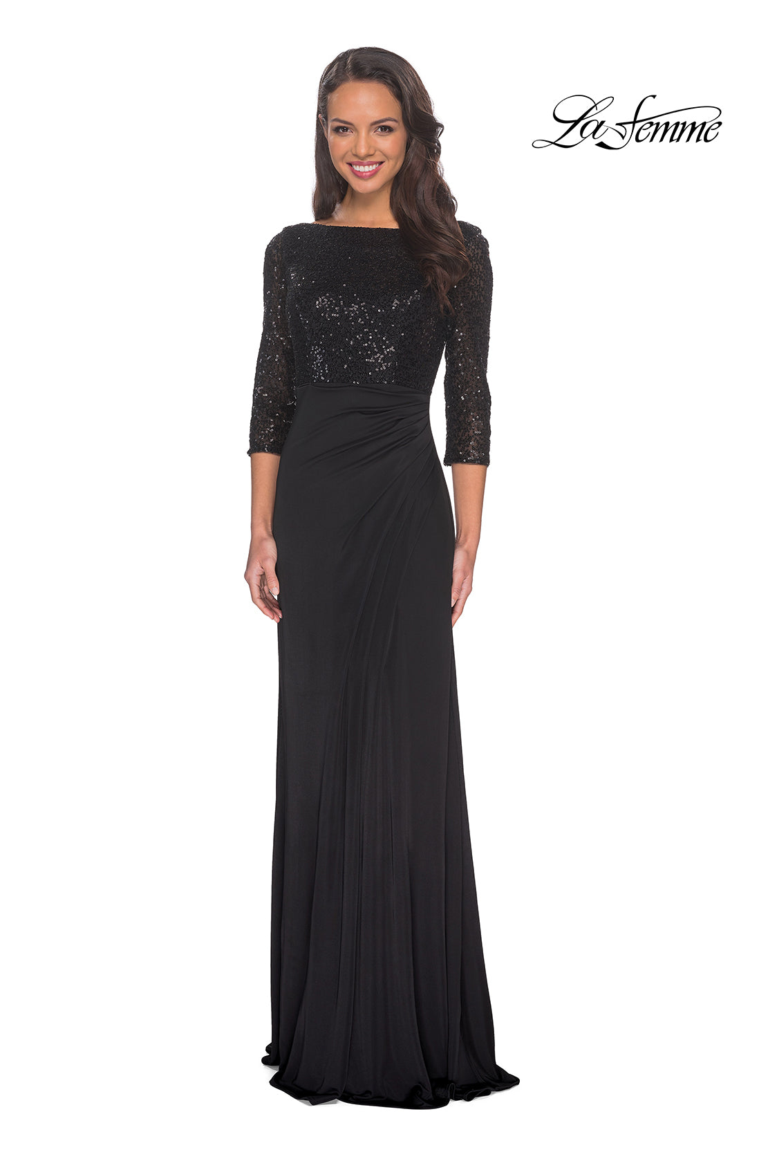 Picture of: Floor Length Dress with Sequin Bodice and Ruching in Black, Style: 24858, Main Picture