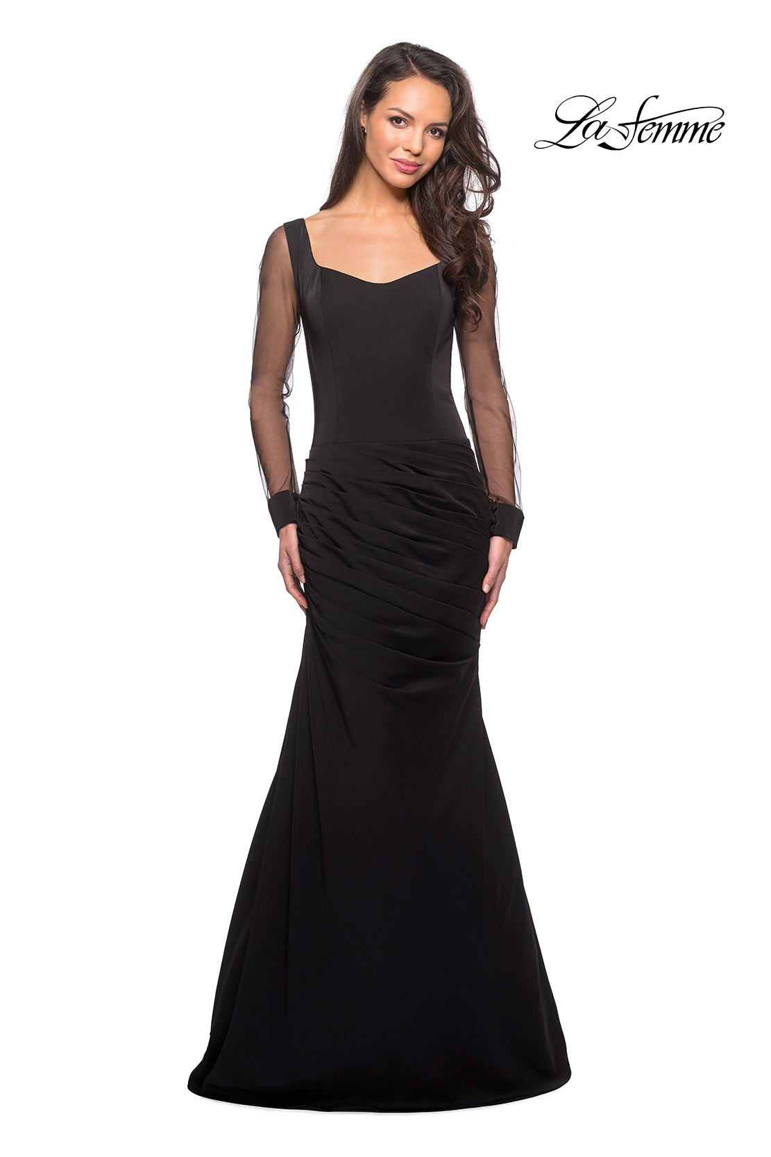 Picture of: Long Jersey Gown with Sheer Long Sleeves and Ruching in Black, Style: 25064, Main Picture