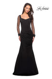 Picture of: Long Jersey Gown with Sheer Long Sleeves and Ruching in Black, Style: 25064, Main Picture