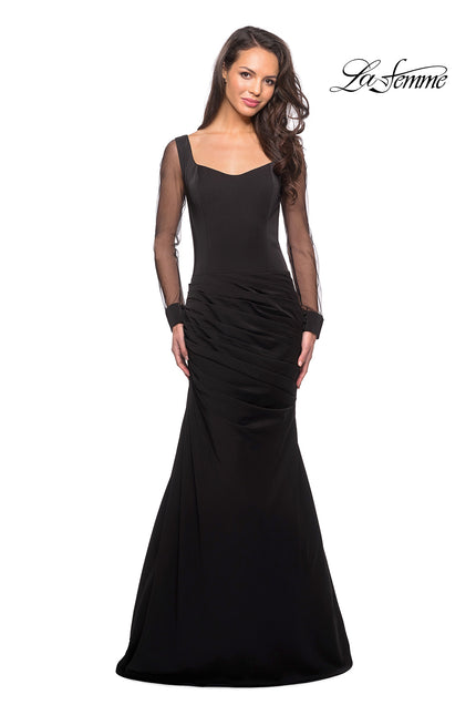 Picture of: Long Jersey Gown with Sheer Long Sleeves and Ruching in Black, Style: 25064, Main Picture