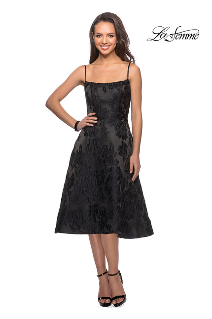 Picture of: Tea Length Lace Dress with Spaghetti Straps in Black, Style: 27748, Main Picture