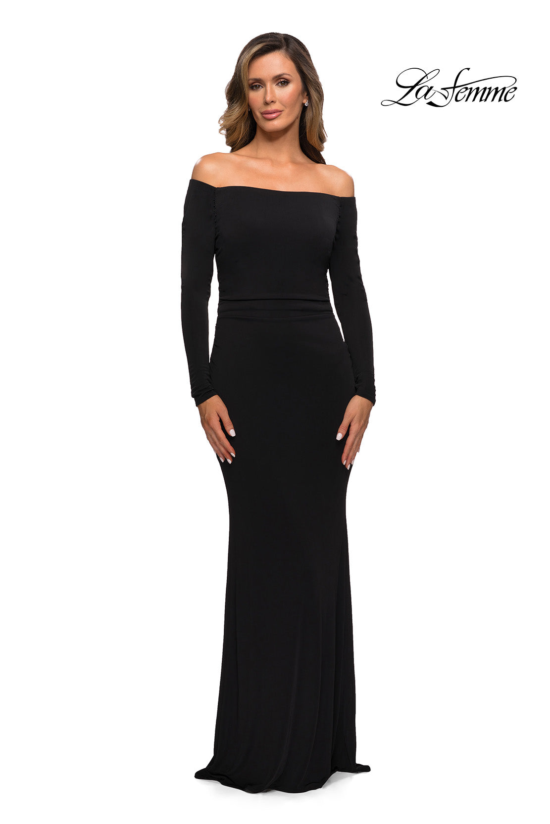 Picture of: Long Sleeve Off The Shoulder Jersey Evening Gown in Black, Style: 28054, Main Picture