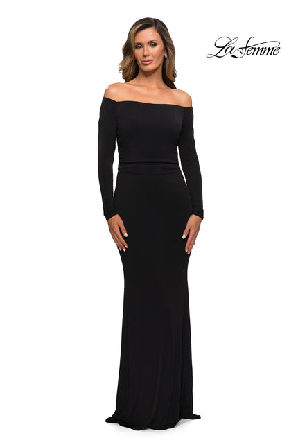 Picture of: Long Sleeve Off The Shoulder Jersey Evening Gown in Black, Style: 28054, Main Picture